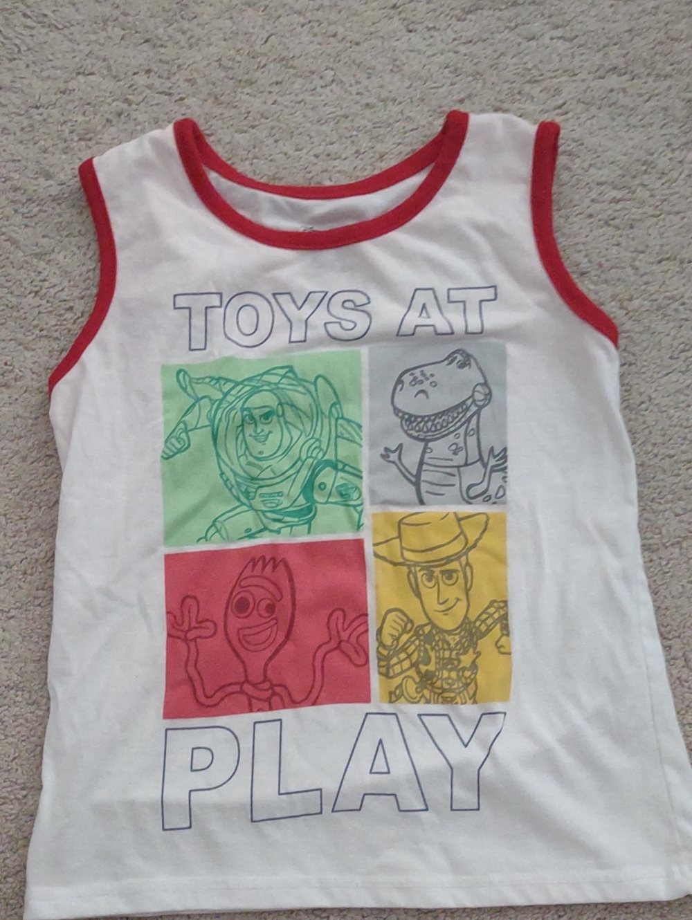 Disney White Tank Top with Red Trim and Multicolor Toy Story Panels